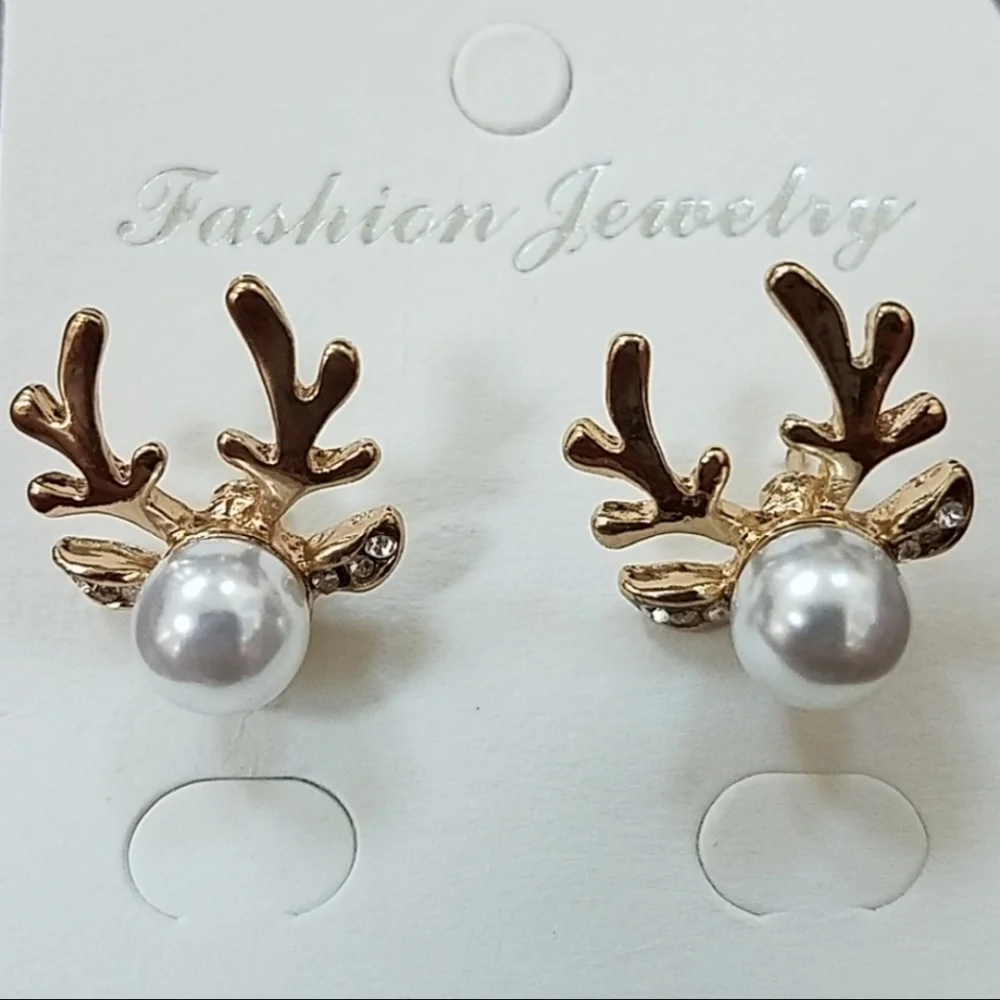 Reindeer Earrings Gold Tone with Faux Pearl New